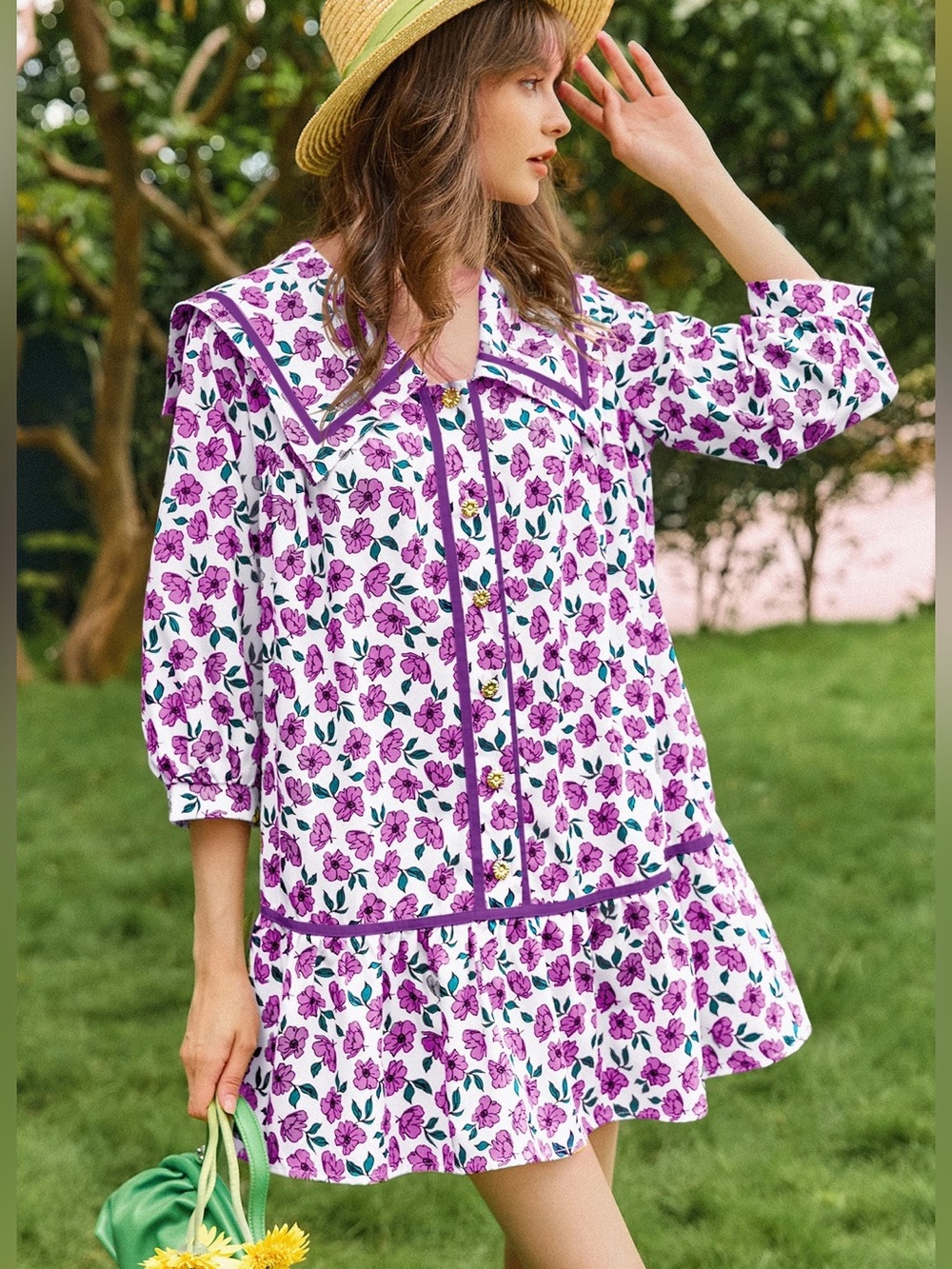 Wenrine White & Purple Violet Floral Mini Sun Dress Medium